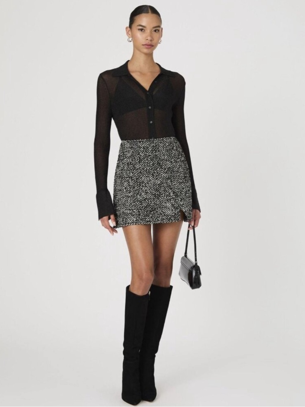 French Connection Skirt Womens Size 8 Black White Herringbone Mini Tweed $128